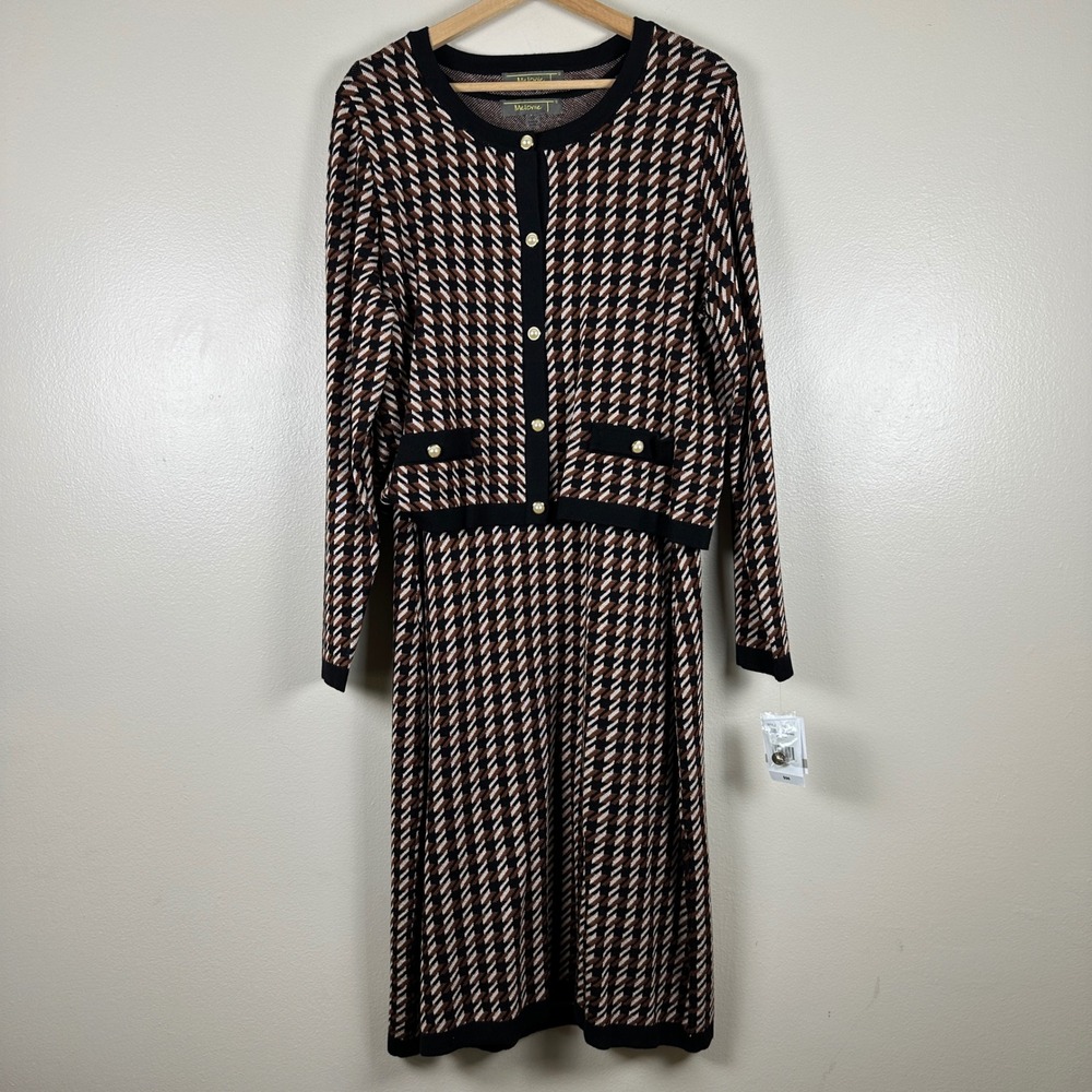 Melonie Women's 1X 2 Piece Dress Set Black Cognac Geometric Knit Cardigan NEW